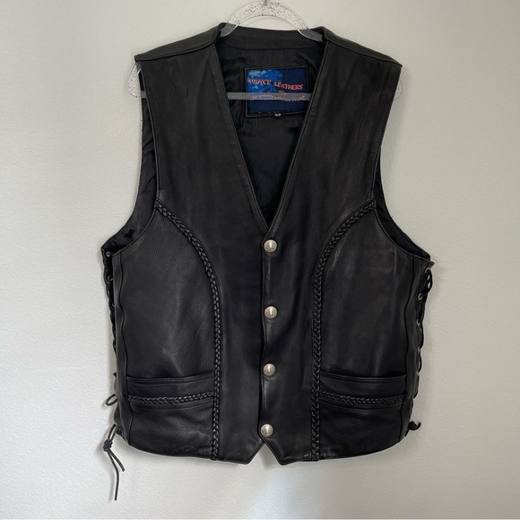 Vance Men's Basic Black Side Lace Leather Vest Size 52 - Picture 1 of 11